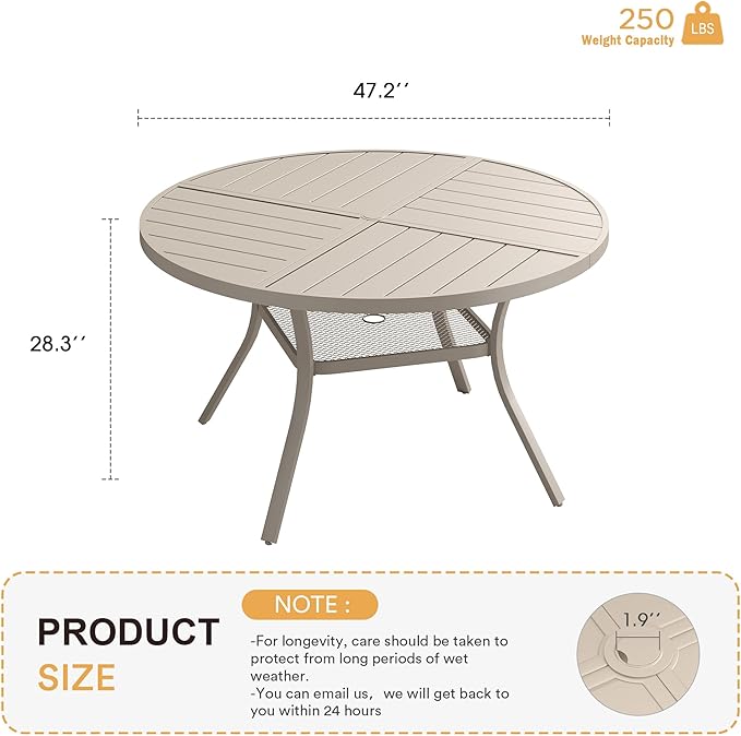 VICLLAX Round Patio Table with Adjustable Umbrella Hole for 6, All Weather Metal Outdoor Dining Table for Lawn Garden, 47.2" Outdoor Coffee Table, Cream Color Frame
