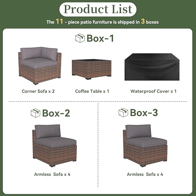 Aoxun 11 Piece Patio Furniture Set Wicker Rattan Patio Conversation Set Outdoor Sectional Sofa Set with Coffee Table and Thickened Cushions, Gray(Waterproof Cover Included)