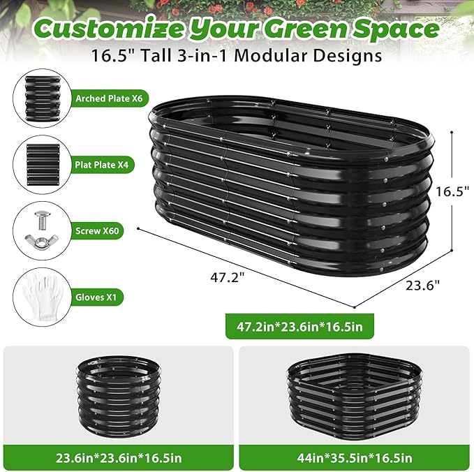 17" Tall Outdoor Garden Raised Garden Bed Kits, 4ft X 2ft Oval,0.8MM Thick Metal Raised Planter Bed/Ground Planter Box for Variety of Flowers,Herbs,Vegetables (Black, 48X24X16.5 Inches)