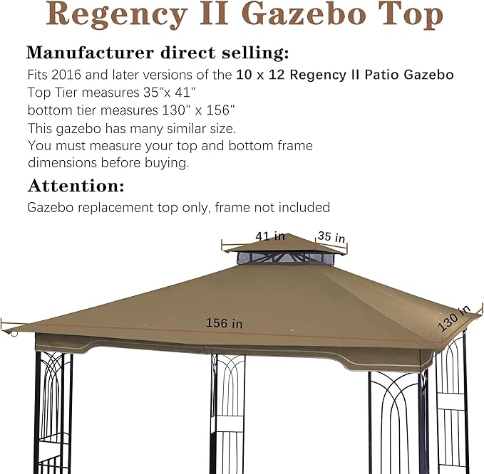 SCOCANOPY Replacement Gazebo Canopy for 10 x 12 Regency II Patio Gazebo Model L-GZ798PST,A101004104,A101004105 (Beige)