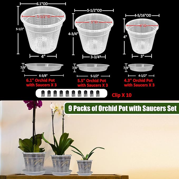 Orchid Pot with Saucers, 3 Each of 4.3",5.5",6.1" Orchid Pots with Holes,9 Pack Clear Planter for Indoor Outdoor Plants (3 Each of 4.3",5.5",6.1" with Saucers)
