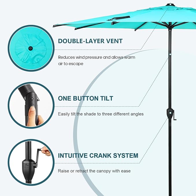 Abba Patio 11FT Lyon Outdoor Patio Umbrella Outdoor Table Umbrella with Push Button Tilt and Crank Market Umbrella 8 Sturdy Ribs UV Protection Waterproof for Garden Deck Backyard Pool, Turquoise