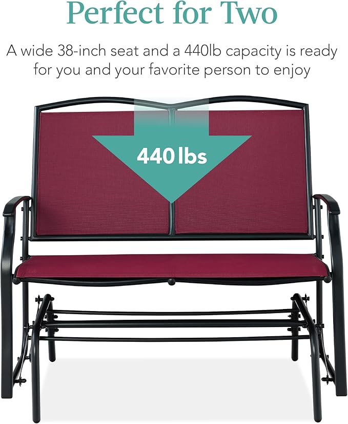 Best Choice Products 2-Person Outdoor Patio Swing Glider Steel Bench Loveseat Rocker for Deck, Porch w/Textilene Fabric, Steel Frame - Burgundy/Black