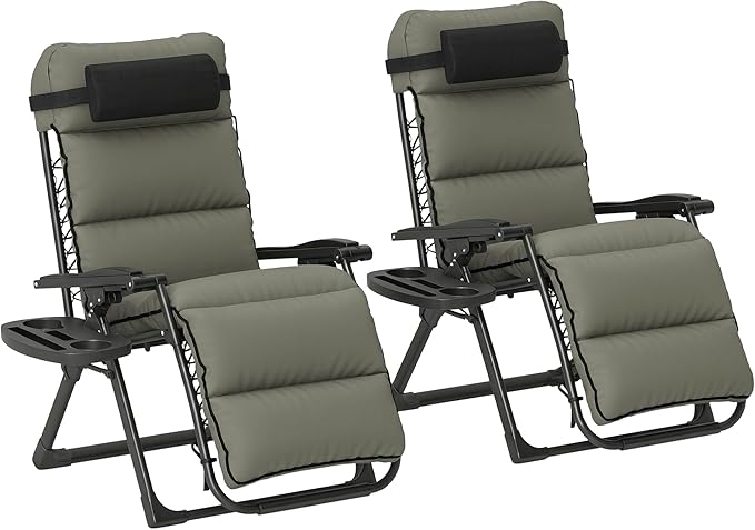 Outsunny Zero Gravity Chairs Set of 2, Reclining Folding Zero Gravity Lounge Chair, Outdoor Lounge Chairs with Removable Cushion, Headrest, and Cup Phone Holder Tray for Patio, Beach, Gray