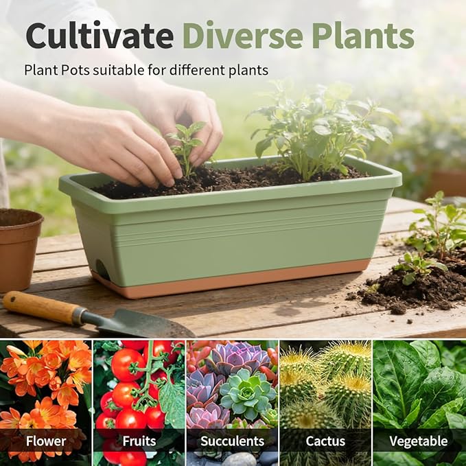 Window Box Planter, 6 Pack Plastic Vegetable Flower Window Planters Boxes 16 Inches Rectangular Flower Pots with Drainage Holes and Saucers (Green)