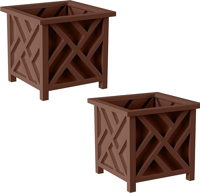 Lattice Design Outdoor Planter Box 2-Pack - 14.75” Square 13” Tall Brown Decorative Plant Pots for Front Porch Decor - Flower Pots Outdoor Planters for Porch Patio or Garden Decor by Pure Garden