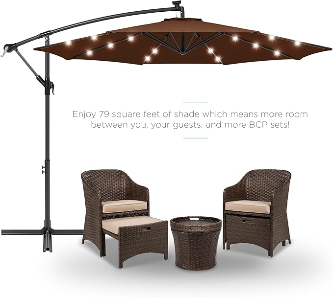 Best Choice Products 10ft Solar LED Offset Cantilever Hanging Market Patio Umbrella, 8 Sturdy Ribs, Easy Adjustment - Brown