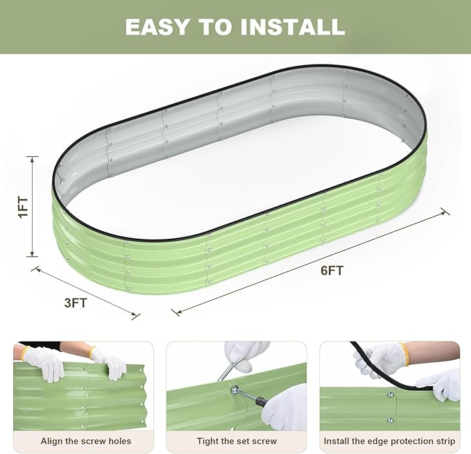Raised Garden Bed, 6x3x1ft Galvanized Outdoor Planter Beds with Safety Edging and Gloves, Oval Metal Planter Box for Gardening Vegetables Flowers Herb-Green