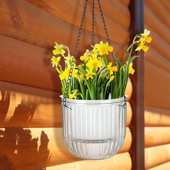 Maxcheck 4 Pcs Self Watering Hanging Planters Indoor Gift 6.5'' 4.5'' Hanging Flower Pots Baskets Outdoor Self Watering Plant with 3hooks Drainage Holes for Home(Clear)