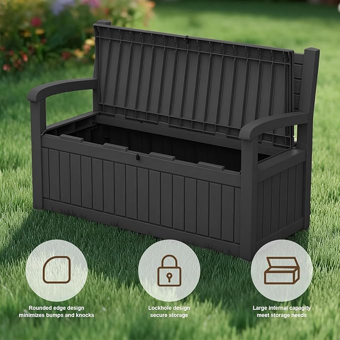 EasyUp 80 Gallon Wood Grain Style Outdoor Storage Bench, Waterproof and Lockable Deck Box Outdoor Storage Furniture for Patio,Garden,and Porch – Perfect for Storing Garden Tools and Cushions(Black)