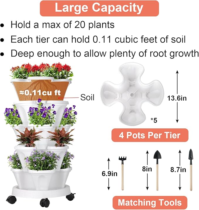 GameXcel Vertical Planter 5 Tier Stackable Planters Garden Planters Strawberry Herb Flower and Vegetable Planter Indoor Outdoor Gardening Pots with Removable Wheels and Tools White