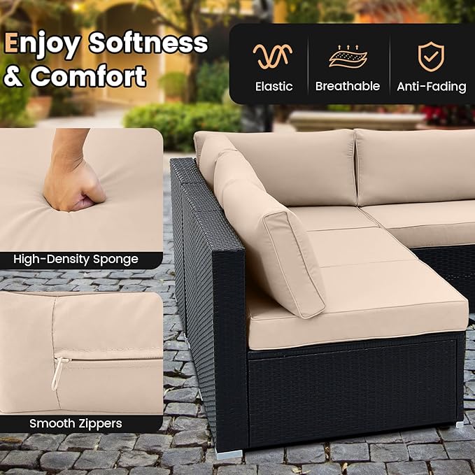 Tangkula 10 Pieces Patio Sofa Set, Outdoor Wicker Conversation Set with Soft Cushions, Tempered Glass Tabletop, Sofa Fastener Clips Included, Rattan Furniture Set for Backyard, Poolside (Beige)