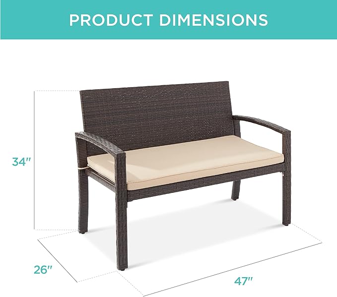 Best Choice Products Outdoor Bench 2-Person Wicker Garden Patio Benches Seating Furniture for Backyard, Porch w/Seat Cushion, 700lb Capacity - Brown/Tan
