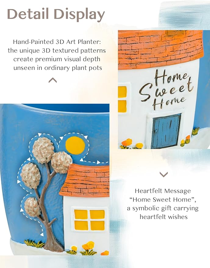 New Home Gift Ideas: New Home Apartment Plant Gift for Plant Lover - 5.3in Hand-Painted 3D Art Planter - Gardening House Warming Present for Christmas