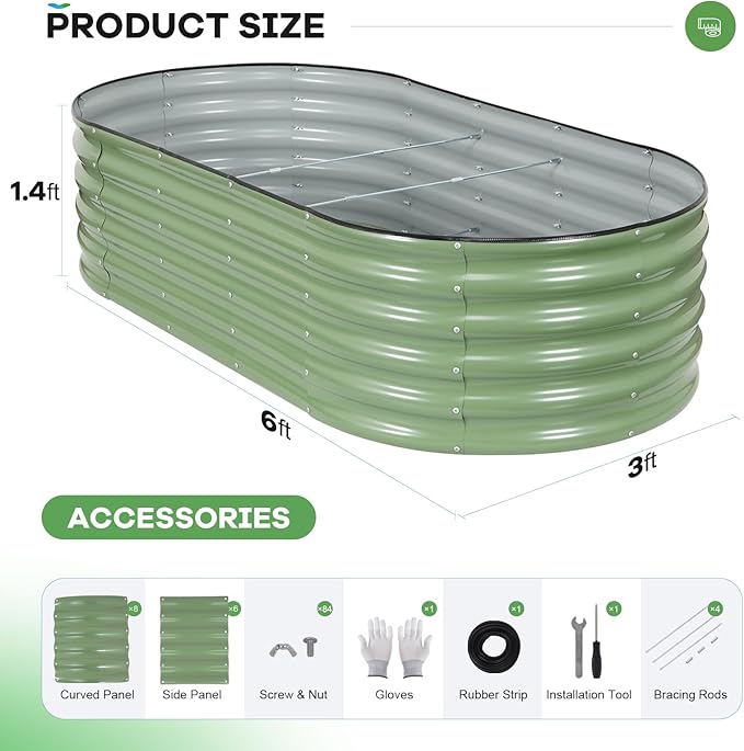 Galvanized Raised Garden Bed Outdoor, 6x3x1.4ft Oval Metal Raised Beds for Gardening, Rust-Resistant Garden Planter Box for Planting Vegetables, Flowers, Fruits in Lawn(Olive Green, 2 Packs)