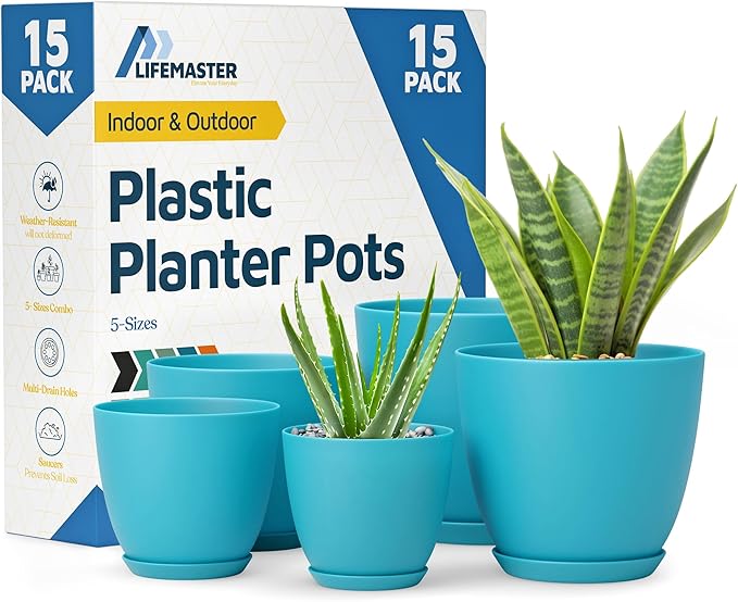Blue Plant Pots with Drainage Holes & Saucers 15 Pack, Indoor & Outdoor Stackable Space-Saving Planters for Houseplants & Flowers, (7", 6.7", 6", 5.3", and 4.8" Inches), Durable & Weatherproof