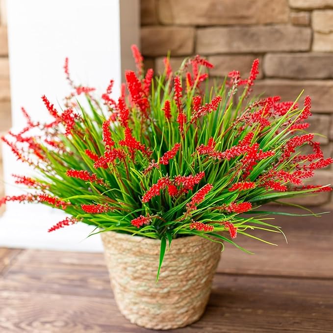 HyeFlora Artificial Fake Flowers Outdoor Plants for Summer Decoration,10 Bundles Faux Plastic Tall Monkey Grass Greenery UV Resistant Realistic Lavender for Home Planter Window Porch Garden-Red