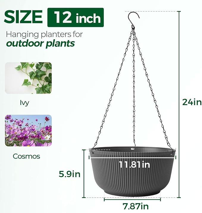 T4U 12 Inch Large Hanging Planters for Outdoor Plants, 2 Pack Self Watering Pots Indoor, Hanging Baskets for Plants,Hanging Flower Pot with Drainage Hole and Plant Hanger, Grey