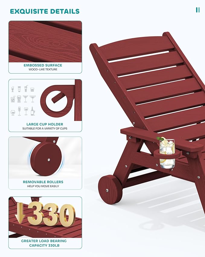 SERWALL Patio Chaise Lounge Chair, 78'' Long HDPE 5 Positions Adjustable Outdoor Lounger, Poly Lounge Chair with Rolling Wheels & Cup Holder for Pool, Dark Red