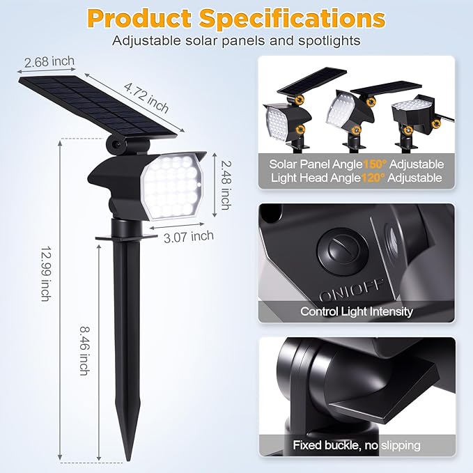 23 LED Solar Spot Lights Outdoor Waterproof, 2 Pack Solar Lights UP to 20Hrs, 3 Brightness Levels Spotlight Landscape Lighting, Auto ON/Off Outdoor Solar Lights for Yard, Garden, Lawn (Cool White)
