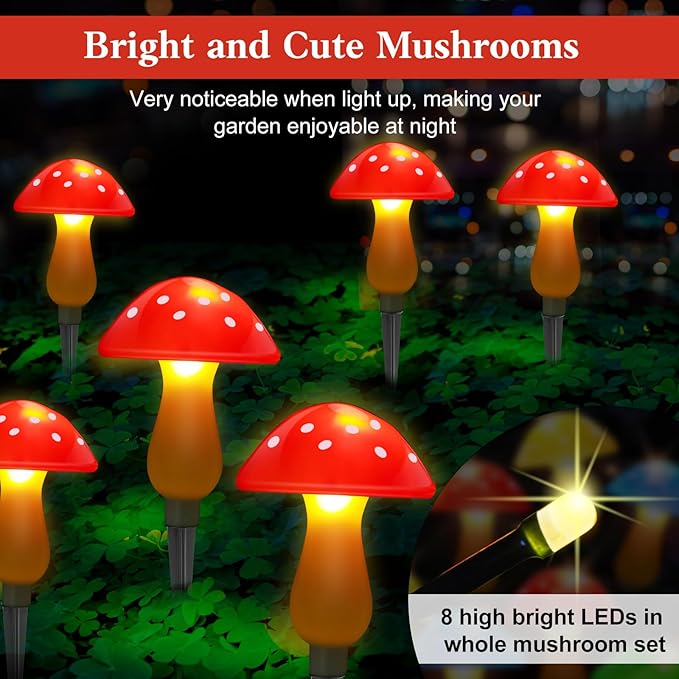 Mushroom Solar Lights Outdoor Waterproof, Whimsical and Cute Solar Mushrooms Stake Lights for Outside with 8 Lights and 8 Modes for Fariy Garden Yard Lawn Path Planter Flower Bed Decor (Red)