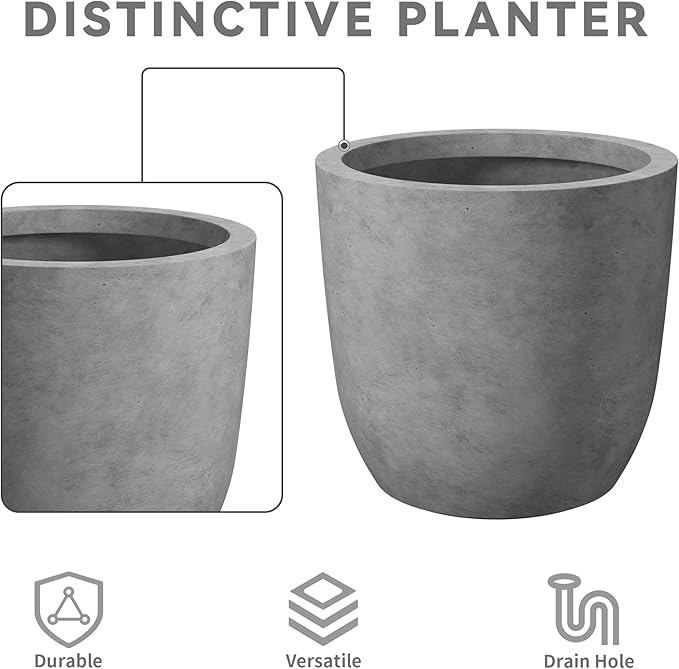 Kante 13.4" Dia Round Concrete Planter, Large Outdoor Modern Indoor Decorative Plant Pots with Drainage Hole and Rubber Plug for Home and Garden, Natural Concrete