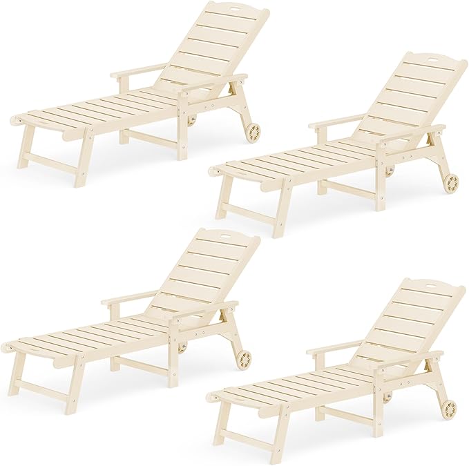 LUE BONA Outdoor Chaise Lounge Chairs Set of 4, HDPS Chaise Lounger, 5 Positions Adjustable Lounge Chairs, Pool Lounge Chair with Wheels for Poolside, Sand