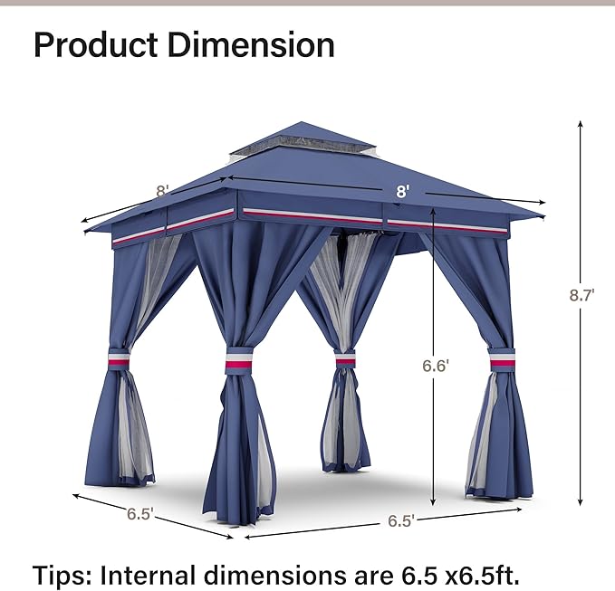 LAUSAINT HOME Semi-Permanent Outdoor Patio Gazebo 8'x8', Heavy Duty Party Tent Shelter with Double Roofs, Mosquito Nettings and Privacy Screens for Backyard, Garden, Lawn, Classic Blue
