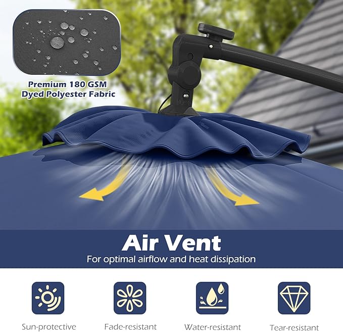Tangkula 10ft Solar LED Patio Umbrella with Base, Offset Cantilever Outdoor Umbrella with 32 LED Lights, Infinite Tilt, 360 Degree Rotation, Crank Handle for Pool Deck Garden Backyard (Navy)