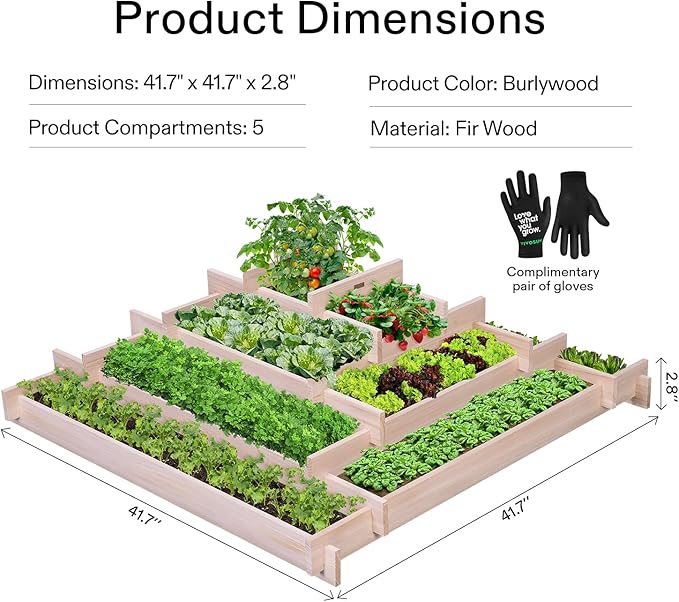 VIVOSUN 5-Tier Wooden Raised Garden Bed, 42 x 42 x 14 Inches, Outdoor Wood Planter Box with Gloves and Liner for Garden, Patio, Balcony, Backyard and Outdoors