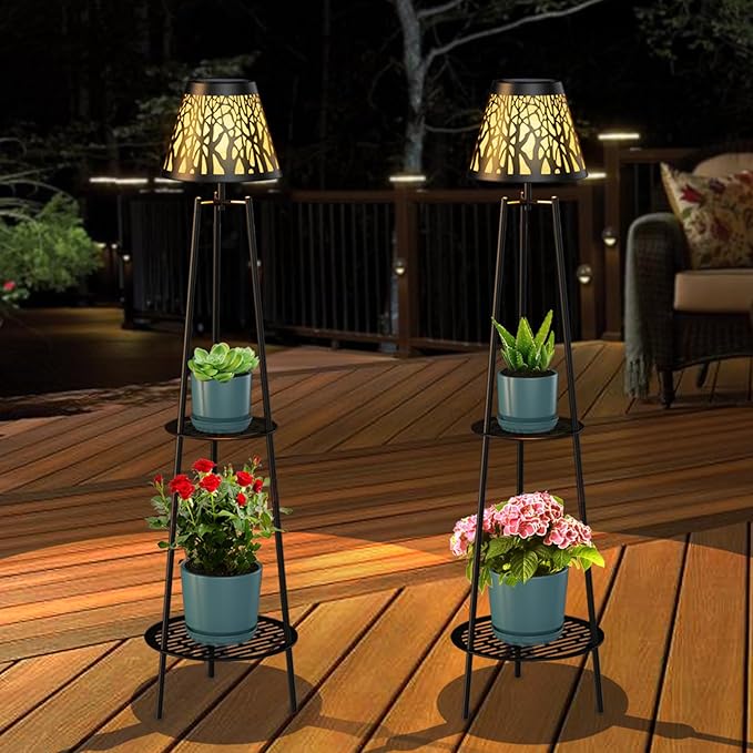 2 Pack 45.5'' Outdoor Floor Lamps with 2 Tier Plant Stand, Solar Powered Metal Waterproof Lights for Patio Deck Yard Garden Porch Decor