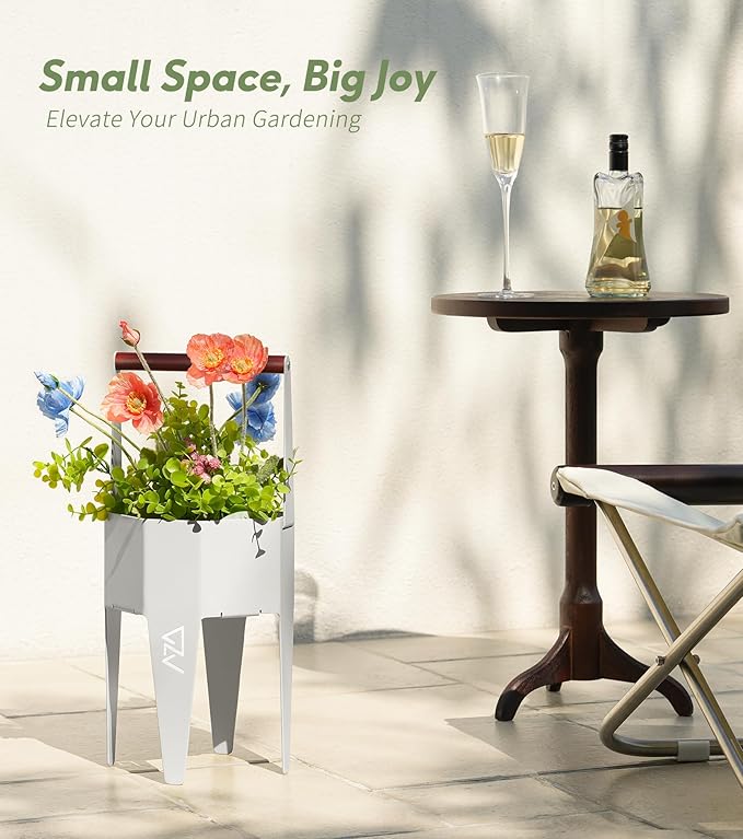 Planter with Stand, Metal 2 in 1 Portable Planter with Grow Bags & Handle, Stable Stylish Indoor Plant Pots with Stand, Modern Flower Pots Outdoor, 7.5'' x 17.3'', White, Plant Not Included