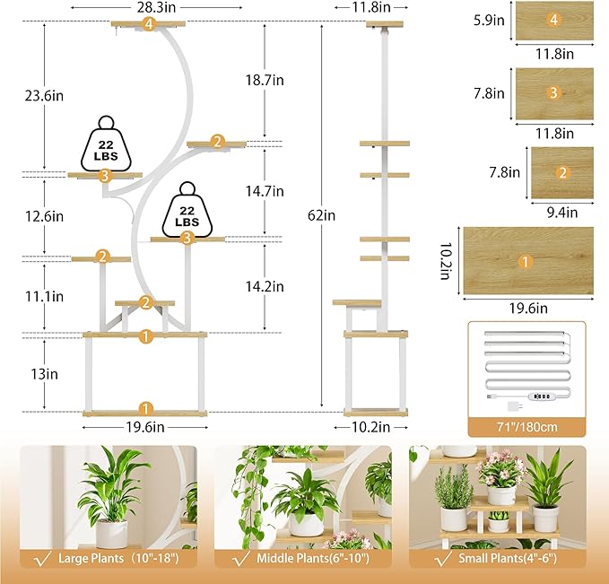 Plant Stand Indoor with Grow Lights - 62" Tall Plant Shelf, Lighted Corner Plant Stands for Indoor Growing, 8 Tiered Large Flower Holder, S-Shaped Plants Rack for Living Room, Patent Design, Natural