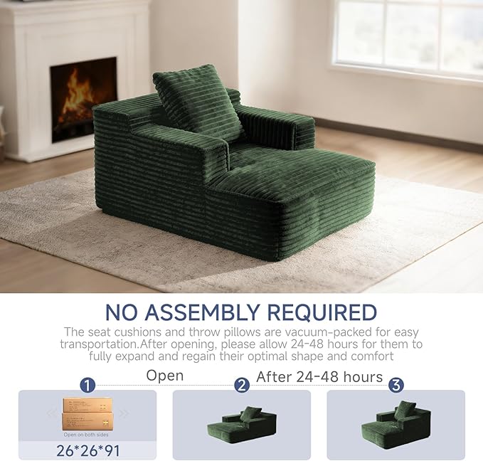 45'' Chaise Lounge Chair Indoor, Corduroy Upholstered Boneless Sofa Bed, Deep Seat Sleeper Couch Reading Chairs, Small Comfy Cloud Sofas Couches for Living Room, Bedroom, Movie Room (Green)