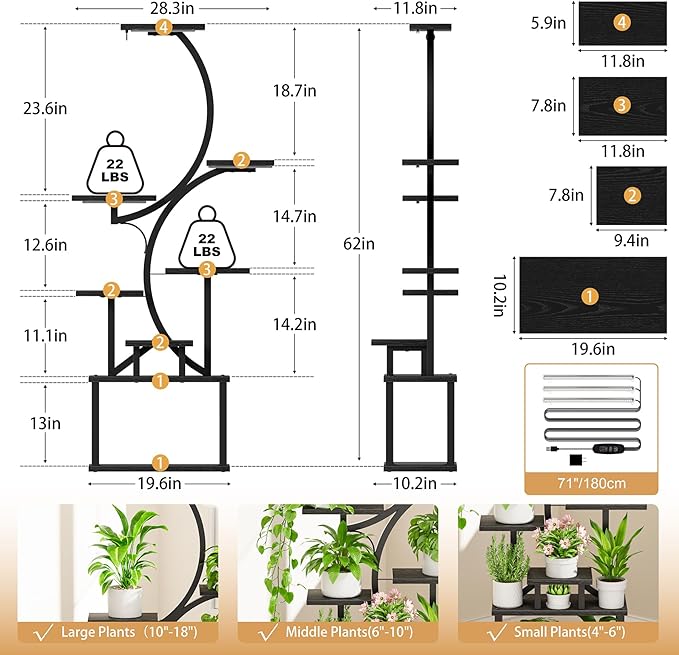 Plant Stand Indoor with Grow Lights - 62" Tall Plant Shelf, Lighted Corner Plant Stands for Indoor Growing, 8 Tiered Large Flower Holder, S-Shaped Plants Rack for Living Room, Patent Design, Black