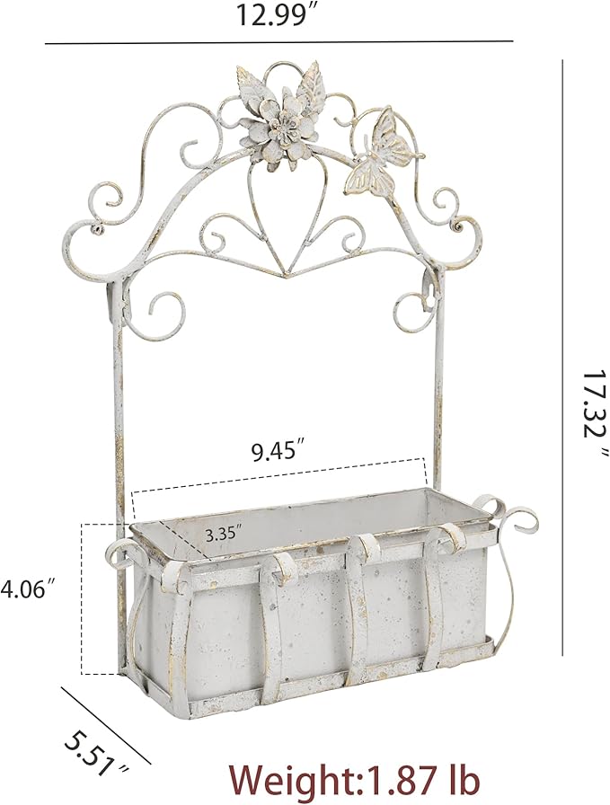 Rustic Metal Wall Planter Vintage Wall Mounted Flower Pot Farmhouse Distressed Wall Hanging Plant Basket with Floral & Butterfly Decor for Indoor Outdoor Garden Home Yard (White#2)