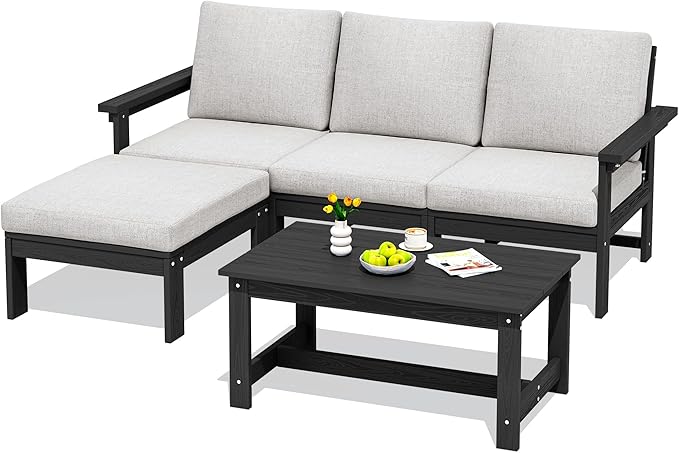 SERWALL Outdoor Sectional Sofa Set, 5-piece Outdoor Modula Couch Set with Ottoman, All Weather Patio Furniture Set with Chaise for Deck, Lawn, Black Frame with Khaki Cushion