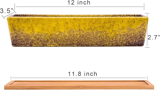 Succulent Pots - Large Succulent Planter Pots with Drainage, 12 Inch Long Rectangle Bonsai Pot with Bamboo Tray Shallow Ceramic Cactus Flower Planter Window Box for Home Garden Decor (Yellow)