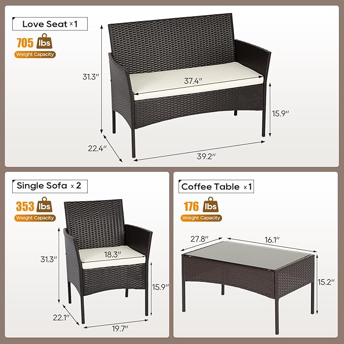 FDW | 4-Piece Patio Furniture Set | Brown | Outdoor Wicker Furniture with Coffee Table | Modern Rattan Chairs Conversation Set | Outdoor Seating | Weather-Resistant | for Porch, Garden, Lawn
