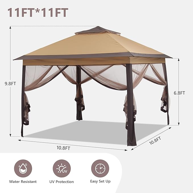 GDY 11x11 Pop Up Canopy Tent, Outdoor Canopy with Netting, Outdoor Gazebo for Backyard, Tent with Handbag, Brown.