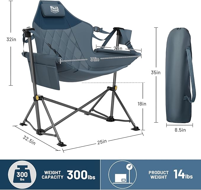 TIMBER RIDGE Hammock Camping Chair with Adjustable Backrest, Heavy Duty Folding Hammock Chair Supports 300lbs, Portable Hammock Chair for Camping, Travelling and Patio, Blue