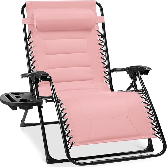 Best Choice Products Oversized Padded Zero Gravity Chair, Folding Outdoor Patio Recliner, XL Anti Gravity Lounger for Backyard w/Headrest, Cup Holder, Side Tray, Polyester Mesh - Bubblegum Pink