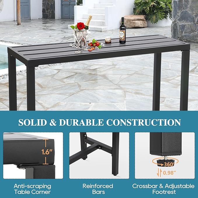 Outdoor Bar Table, Patio Console Pub Height Tables with Powder Coated Steel Frame, Weather Resistant Waterproof Top for Hot Tub, Balcony, Garden, Yard, Poolside (Black, 55" Bar Table)