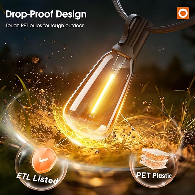 addlon 200FT Smart Outdoor String Lights with APP Control, Waterproof Patio Lights ETL Listed with Shatterproof Dimmable ST38 LED Bulbs Connectable Outdoor Lighting for Backyard Bistro Garden Bistro
