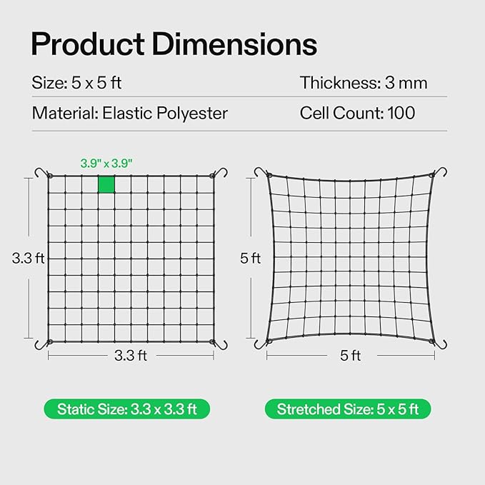 VIVOSUN 5 x 5Ft. Elastic Trellis Netting with 4 Hooks for Climbing Plants, Vegetables, Fruits, and Flowers, 1-Pack