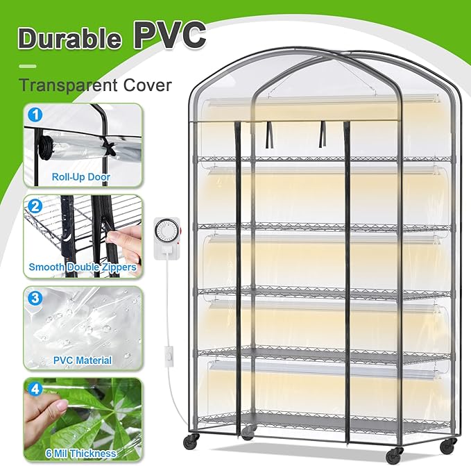 Abimars 5-Tier Greenhouse with Grow Light, Shelf Height Adjustable Metal Plant Shelf with PVC Cover and Wheels, Includes 5-Pack 2900K Full Spectrum Plant Lights, 21x49x80inch