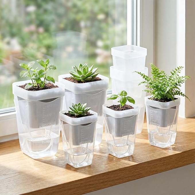 QCQHDU 2 Inch Mini Self Watering Pots for Indoor Plants, 15 Pack Semi Hydroponic Pots, Small Clear Plastic Planters, Drainage Hole, Water Level Indicator, African Violets, Alocasia, Cutting, Seeding