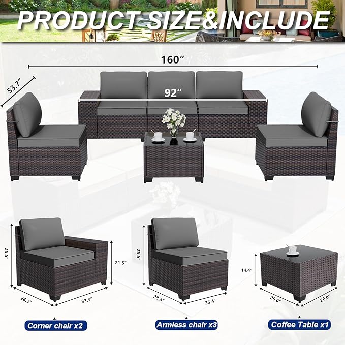 ALAULM 6 Pieces Patio Furniture Set, Oversized Seat/Armrest and High Back Wicker Sectional Furniture Set with Thick Cushion for Backyard, Garden, Grey