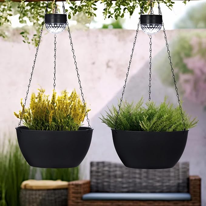 SUNNYPARK 2 Packs Hanging Planters Basket for Outdoor Plants, Solar Powered Self Watering Black Round Plastic Flower Pots with Drainer for Balcony Patio Garden Outdoor Decoration