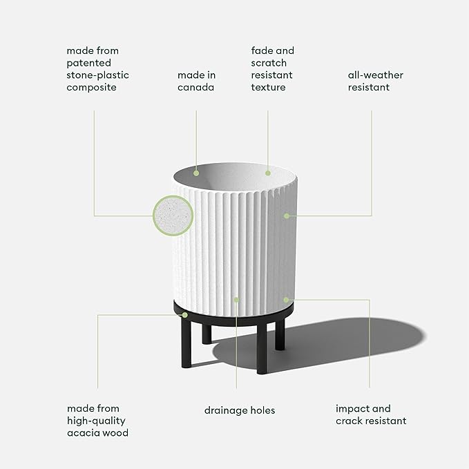 Veradek Demi Series Round Planter w/Stand for Porch/Patio | Durable Plastic-Stone Composite & Wooden Stand | Modern Décor for Tall Plants, Flowers